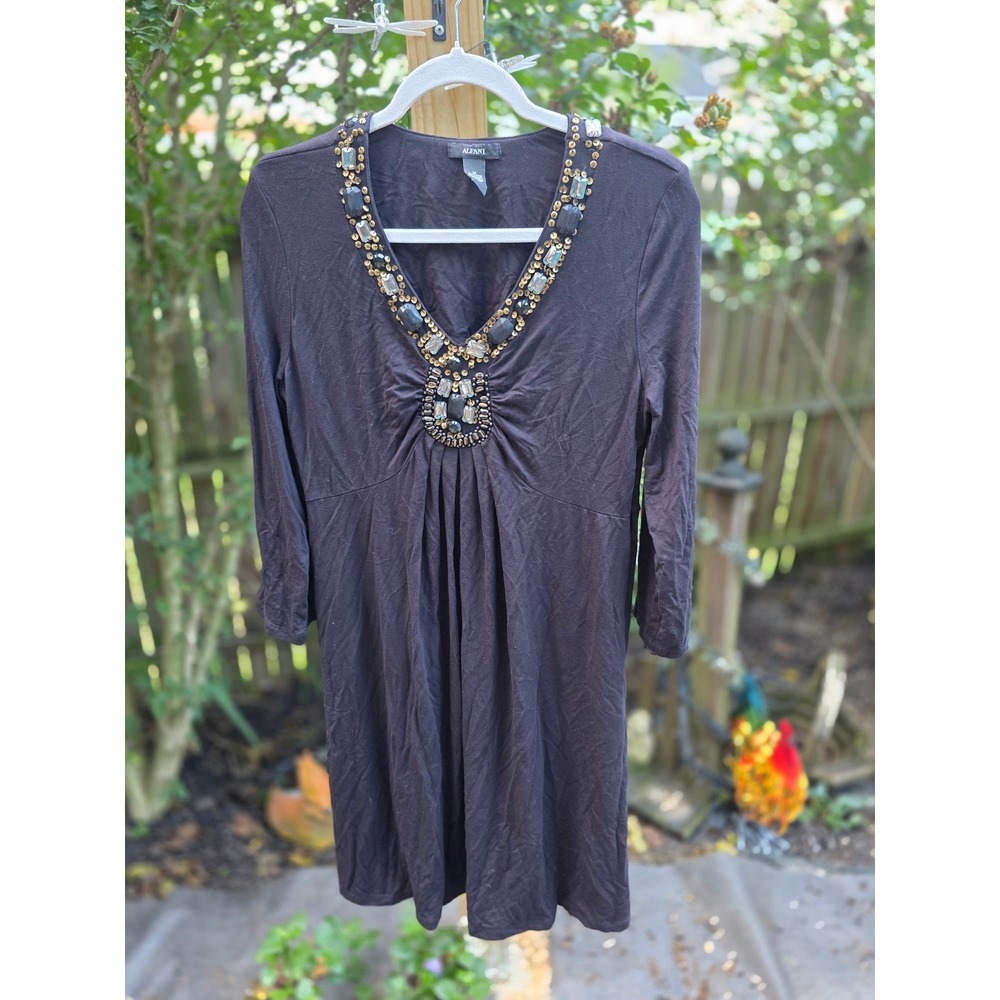 Alfani Black Embellished V-Neck Tunic Dress Empire Waist Beaded Jewel Size M